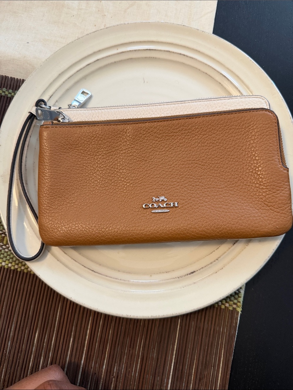 Coach Pebbled Leather Wristlet in Saddle/Cream Two-Tone